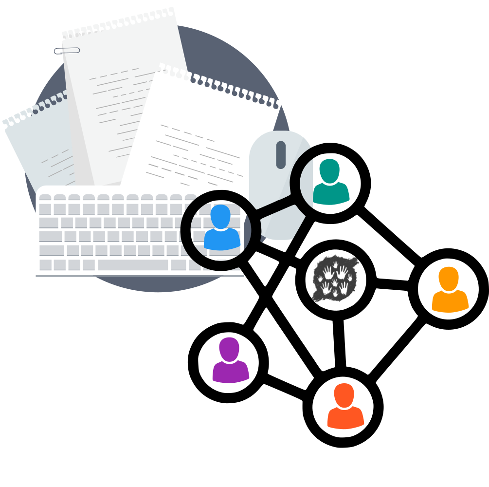 Computer keyboard, mouse and notes illustrated in an abstract way, overlayed with a small network symbolisation